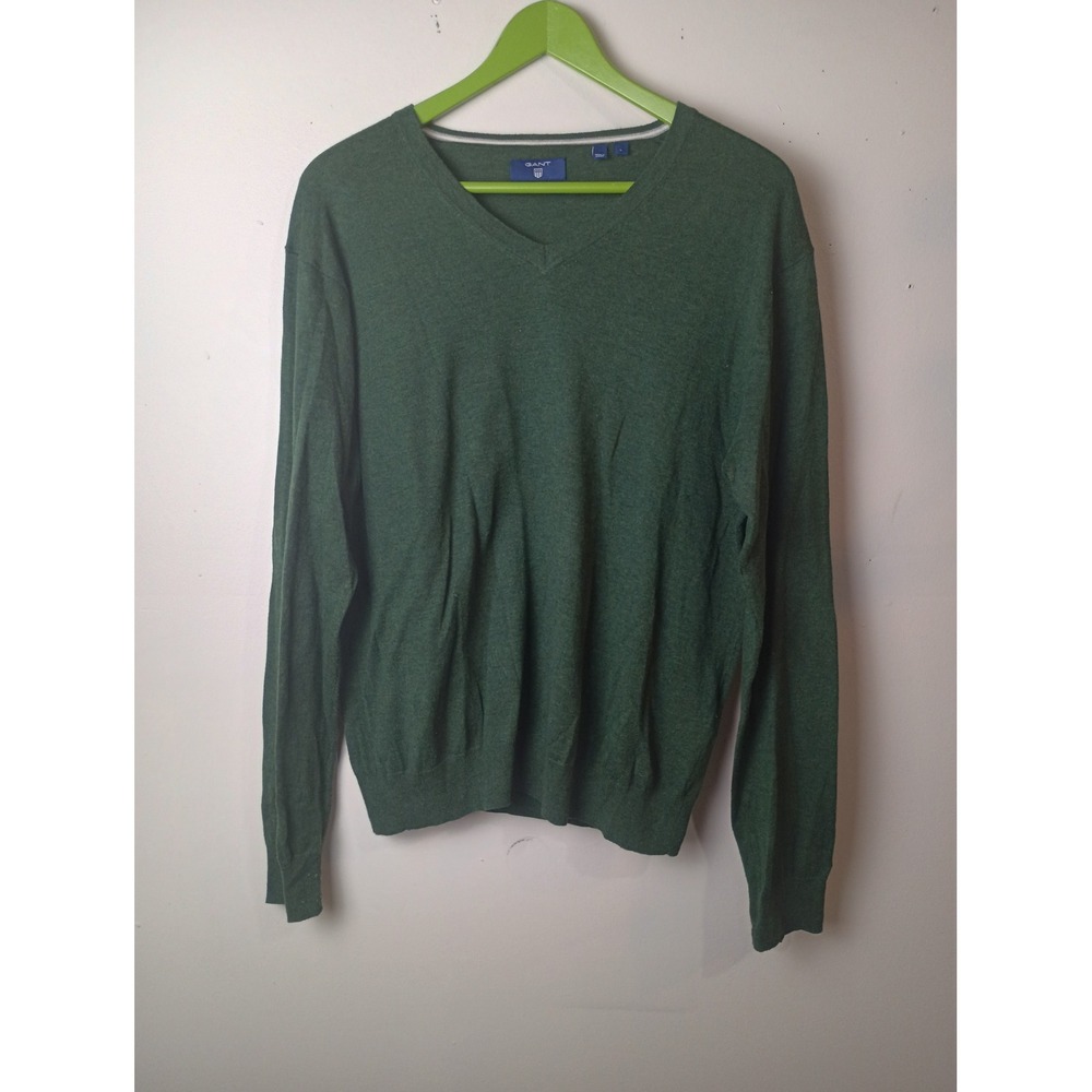 Gant Mens Green V-Neck Sweater Cotton Silk Wool Blend Size L